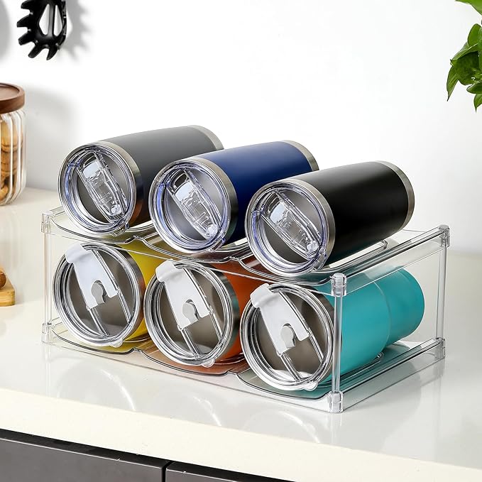 LARGER Compartment - Stackable Water Bottle Organizer Holder - for Stanley & Others' Large Tumbler - Clear Wine Rack, Cup Bottle Holder for Cabinet Home Countertop Fridge Pantry Shelf, 2 Tier Hold 6 - Image 9