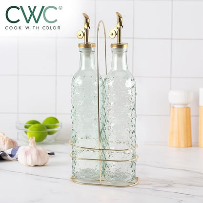 COOK WITH COLOR Glass Olive Oil Bottle Dispenser - 2 Pack- 17oz Oil and Vinegar Cruet - Olive Oil Carafe Decanter for Kitchen, Floral, Green - Image 6