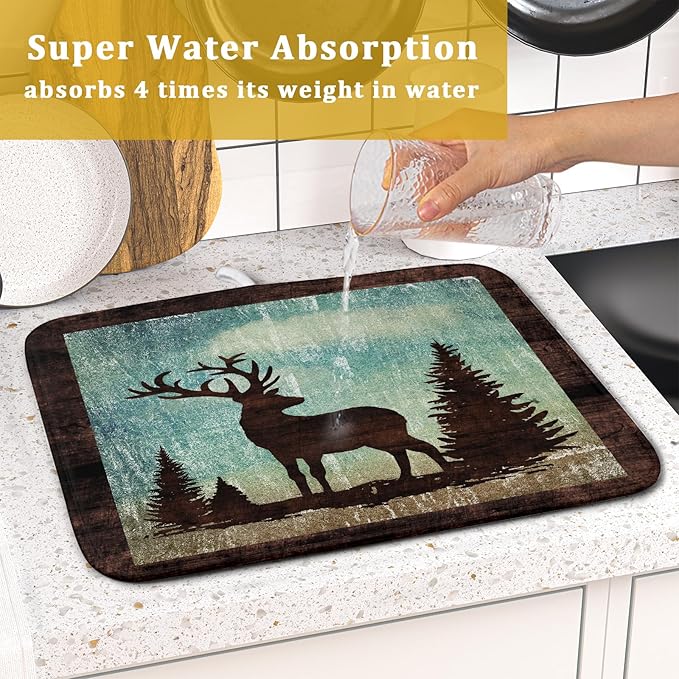 Giwawa Retro Deer Forest Cabin Silhouette Dish Drying Mat Countertop 16x18 Fall Blue Sky Cloud Cartoon Elk Wild Animal Bushes Drainer Mat Pine Tree Grass Dishes Pad Rustic Dish Drainer Rack