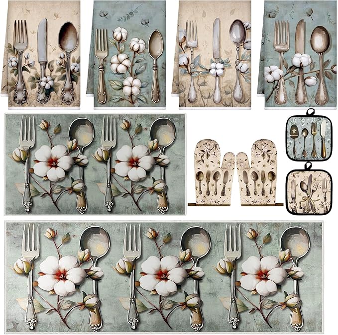 Fourluoo 10 Pcs Farmhouse Kitchen Decor and Accessories Set 4 Kitchen Towels 2 Pot Holders 2 Oven Mitts 2 Rugs for Cooking Baking Mom Housewarming Gifts(Soft Color,Elegant Style) by Fourluoo