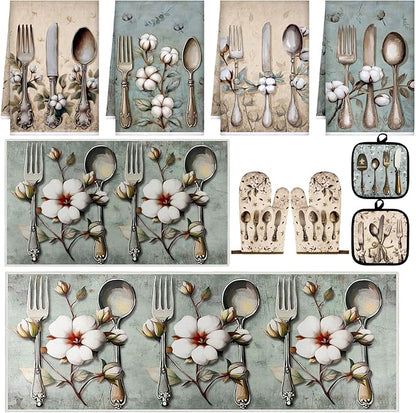Fourluoo 10 Pcs Farmhouse Kitchen Decor and Accessories Set 4 Kitchen Towels 2 Pot Holders 2 Oven Mitts 2 Rugs for Cooking Baking Mom Housewarming Gifts(Soft Color,Elegant Style) by Fourluoo