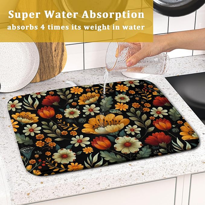 Vintage Boho Floral Dish Drying Mat for Kitchen Counter,Yellow Beige Black Spring Flower Drying Mat 16 x18 Inch with Absorbent Reversible Microfiber Drying Pad for Coffee Bar - Image 7