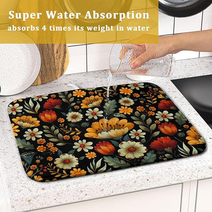 Vintage Boho Floral Dish Drying Mat for Kitchen Counter,Yellow Beige Black Spring Flower Drying Mat 16 x18 Inch with Absorbent Reversible Microfiber Drying Pad for Coffee Bar - Image 7
