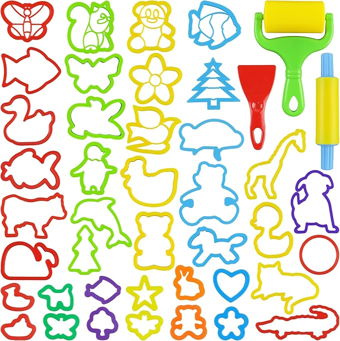 Dough Tools with 40 pcs Plastic Dough Cutters Animal Shapes, 3 pcs Basic Dough Tools by LanMa