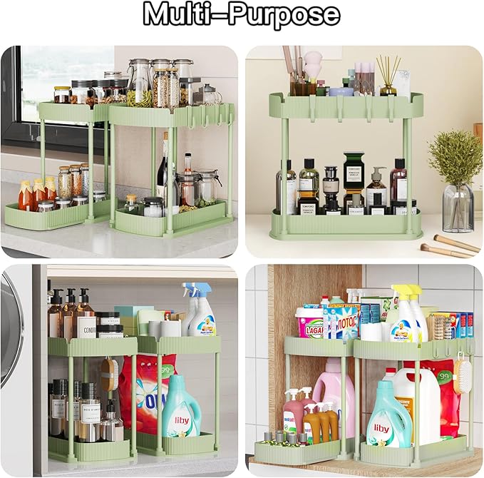 Ukeetap 2 Pack Multi-Purpose Pull-Out Storage Organizers, Under Sink Organizers and Storage for Bathroom & Kitchen, Under Cabinet Organizers and storage, 14.8 Inch, Green - Image 6