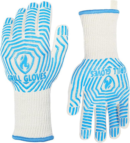 QUWIN BBQ Gloves, Oven Gloves 1472℉ Extreme Heat Resistant, Grilling Gloves Silicone Non-Slip Oven Mitts, Kitchen Gloves for BBQ, Grilling, Cooking, Baking-1 Pair… (Blue, One Size(Long Cuff)) by QUWIN