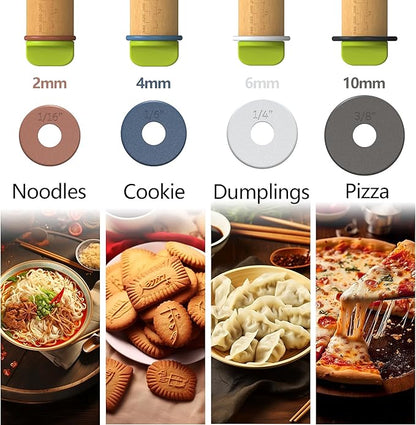 Rolling Pin with Adjustable Thickness Rings and Pastry Baking Mat Dough Thickness for Baking, Fondant, Pizza, Pie, Cookies, Pastries, 13.6" with 4 Multi-Color Thickness Rings and Wooden Stand - Image 4
