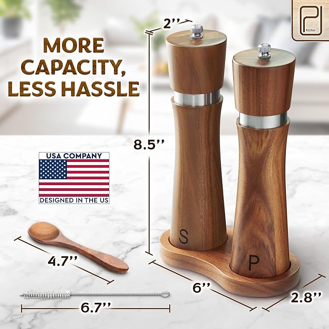 Salt and Pepper Acacia Wood Grinder Set with Wooden Holder Tray - 60 g / 2 oz each - Tall Modern Mill Shakers - Manual Refillable Mills for Peppercorn, Fancy Himalayan Salt + Spices - by PJC-Kitchen - Image 2