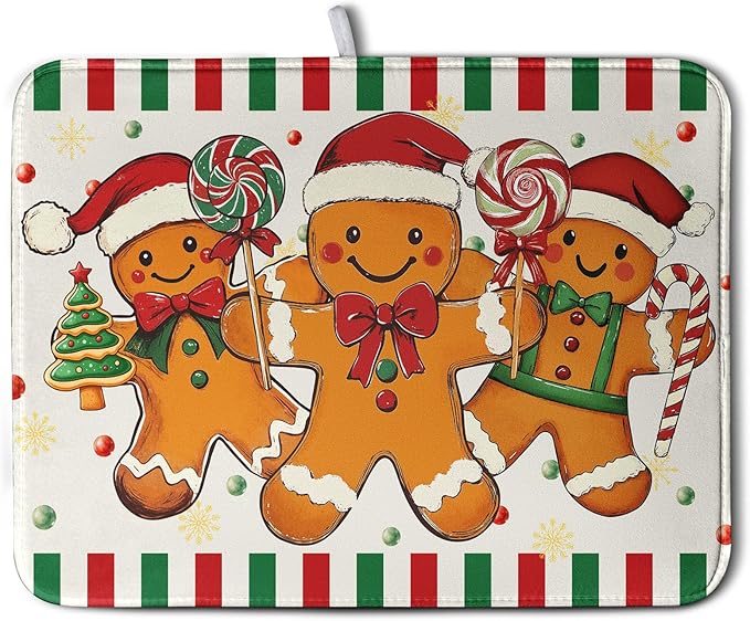 Christmas Dish Drying Mat Gingerbread Man Candy Cane Xmas Tree Drying Mats for Kitchen Counter Winter Holiday Dish Drainer Pad Absorbent Microfiber Dish Draining Mat 18x24 Inch by Kwlegh
