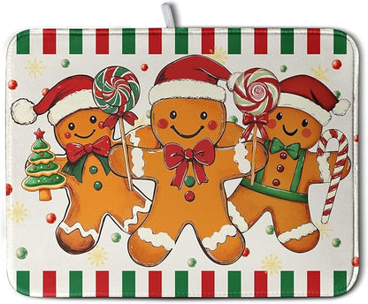 Christmas Dish Drying Mat Gingerbread Man Candy Cane Xmas Tree Drying Mats for Kitchen Counter Winter Holiday Dish Drainer Pad Absorbent Microfiber Dish Draining Mat 18x24 Inch by Kwlegh