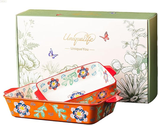 Ceramic Baking Dish Set of 2, 3QT & 1.2QT Stoneware Casserole Dishes for Oven, Rectangular Bakeware with Handles, Oven Safe 480°F, Microwave Dishwasher Safe, Lasagna & Brownie Pan – Warm Orange
