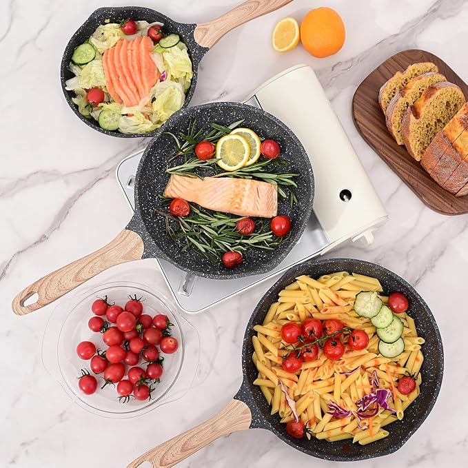JEETEE Non Stick Frying Pan Set, Frying Pans Nonstick, Omelette Skillet with Soft Touch Handle, 3-Piece Cookware Set 8 Inch 9.5 Inch 11 Inch - Image 10