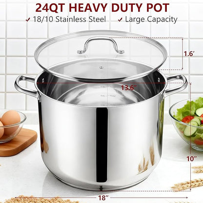 Herogo 24-Quart 18/10 Stainless Steel Stock Pot with Lid, Large Heavy Duty Soup Pot Compatible with Electric, Gas, Induction and Gas Cooktops, Non-Toxic & Corrosion Resistant, Dishwasher Safe