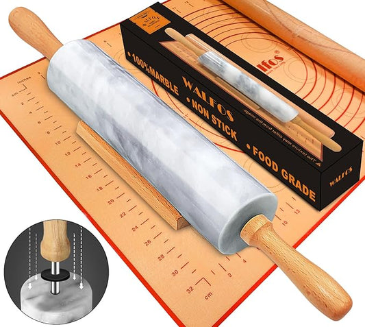 Walfos Marble Rolling Pin Set With Non Stick Silicone Pastry Mat, 16.5 Inch Dough Rolling Pins For Making Pizza, Tortillas And Cookies, Backing Rolling Pin For Pie Crust, Pizza, Pasta (Gray & White) by Walfos