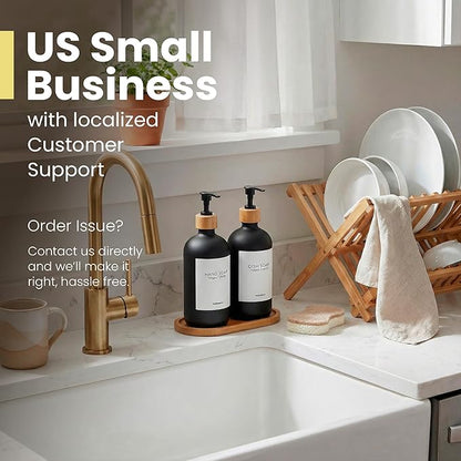 MaisoNovo Glass Dish Soap Dispenser for Kitchen Set of 2-16.9oz Dish and Hand Soap Dispenser Set for Kitchen - Black Glass Bottles x 2 with Black Bamboo Pumps & Tray