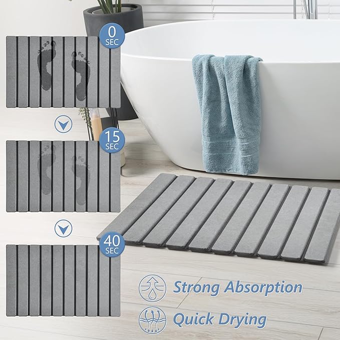 AWW Foldable Stone Bath Mat, Super Absorbent Diatomaceous Earth Mats, Non-Slip 23.6 x 15.5 Inch Quick Drying Mat, Compact and Easy to Store Bath Mats for Bathroom, Easy to Clean, Grey - Image 2