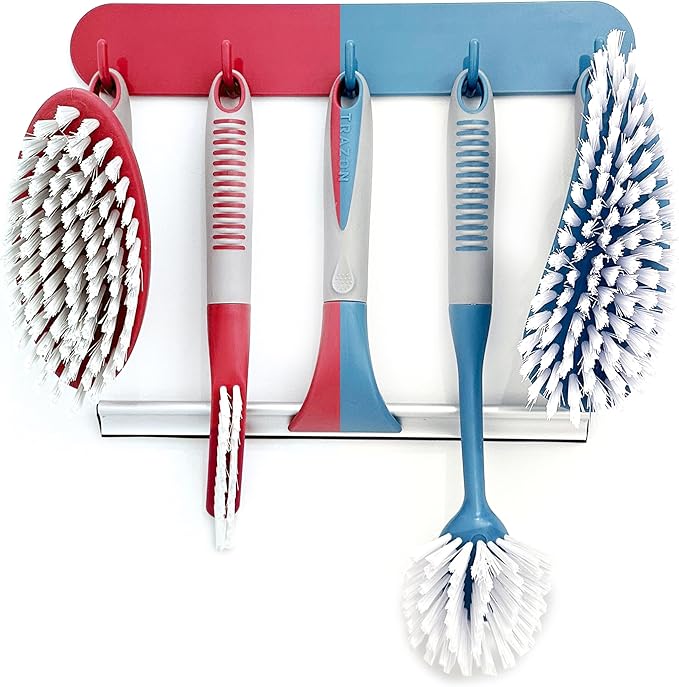 Scrub Brush Set of 6 pcs - Red or Blue Randomly Color, Cleaning Shower Scrubbers with Squeegee for Shower Glass & Adhesive Wall Hooks Including Grout Cleaner Brush for Cleaning Bathroom, Tile by TrazonProducts