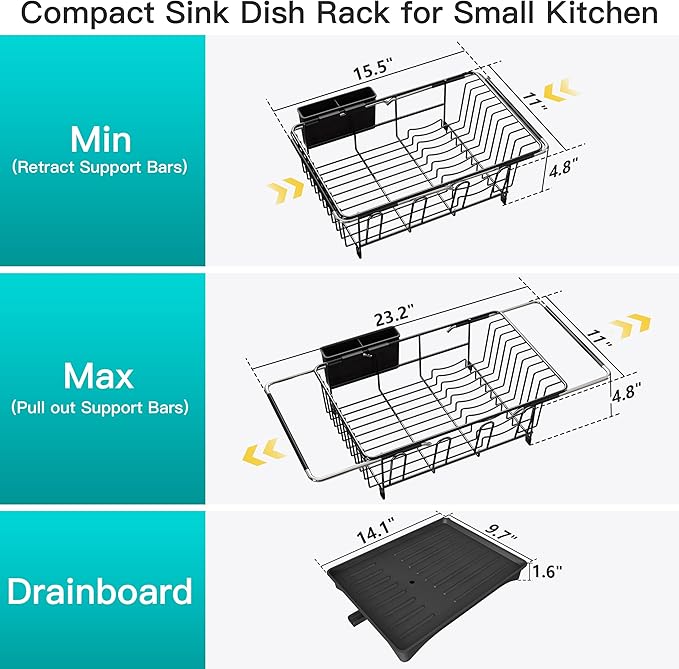 JASIWAY Dish Drying Rack in Sink, Expandable Stainless Steel Dish Drainers for Kitchen Counter, Space Saving Dish Dryer Rack with Drainboard, Over The Sink Dish Racks with Utensil Holder, Black - Image 4