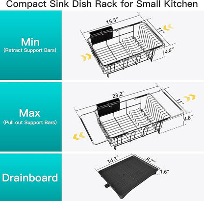 JASIWAY Dish Drying Rack in Sink, Expandable Stainless Steel Dish Drainers for Kitchen Counter, Space Saving Dish Dryer Rack with Drainboard, Over The Sink Dish Racks with Utensil Holder, Black - Image 4