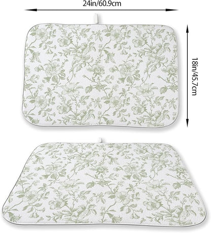 Sage Green Floral Dish Drying Mat 18 x 24 Inch Vintage Light Green Floral Drying Mat for Kitchen Counter Absorbent Spring Summer Flowers Dishes Dry Pad for Drainer Rack Kitchen Fast Dry