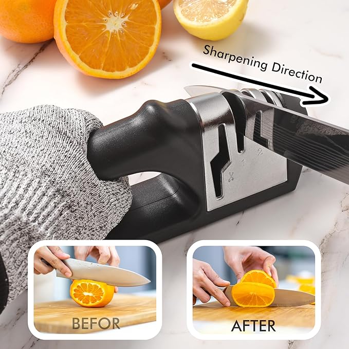 HOTEC 4in1 Knife Sharpener, 3 Stage Manual Sharpener for Sharpening Kitchen Knives 1 Stage for Scissors- Ceramic Stone, Tungsten Carbide Plates, Diamond rods - Image 5