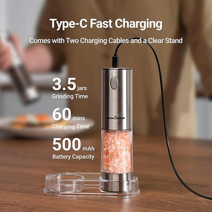 ThermoMaven Electric Salt and Pepper Grinder Set, 110ml Larger Rechargeable Automatic Salt and Pepper Mill Grinder with 6 Adjustable Coarseness, Electric Salt and Pepper Shakers, LED, Midnight Black - Image 4