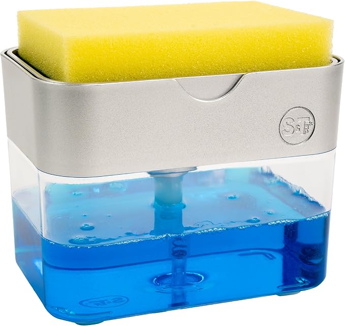 S&T INC. Dish Soap Dispenser and Sponge Holder for Kitchen Sink with Enhanced Features, Sponge Included, 13 Ounces, Silver by STINC