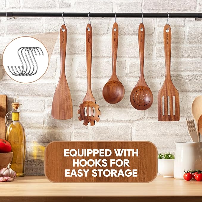 Wooden Spoons for Cooking, 10 PCS Teak Wood Cookware Utensil Set with Hooks - Smooth Finish, Non-Stick, Comfortable Grip, Heat Resistant Kitchen Utensils Gift Box - Image 6