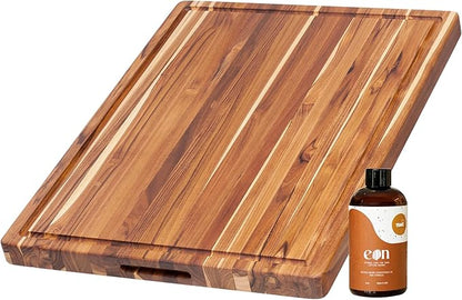 Teakhaus Carving Board and Cutting Board Oil Set - Includes Large (L) Wood Cutting Board with Juice Groove and EON Food Grade Mineral Oil - Knife-Friendly - FSC Certified by TEAKHAUS