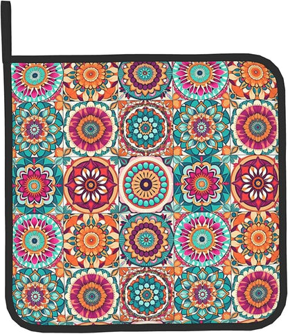 Boho Oven Mitts and Pot Holders - Mexican Flower Kitchen Mitt Sets of 2 Bohemian Oven Gloves Hot Pads for Cooking Baking Grilling - Image 9