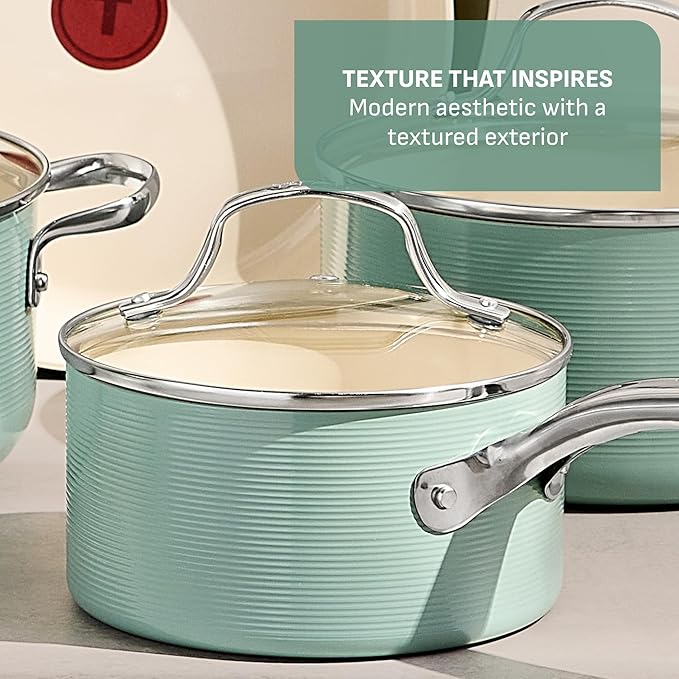 T-Fal Inspire Nonstick Ceramic Cookware Set, 10-Piece, Oven Safe to 500°F, Stockpot, Ceramic Pots and Pans Set, Frying Pans, Saucepans, Stockpot, Protectors, Mint Green - Image 4