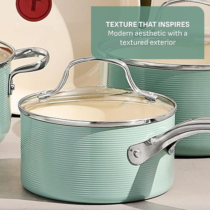 T-Fal Inspire Nonstick Ceramic Cookware Set, 10-Piece, Oven Safe to 500°F, Stockpot, Ceramic Pots and Pans Set, Frying Pans, Saucepans, Stockpot, Protectors, Mint Green - Image 4