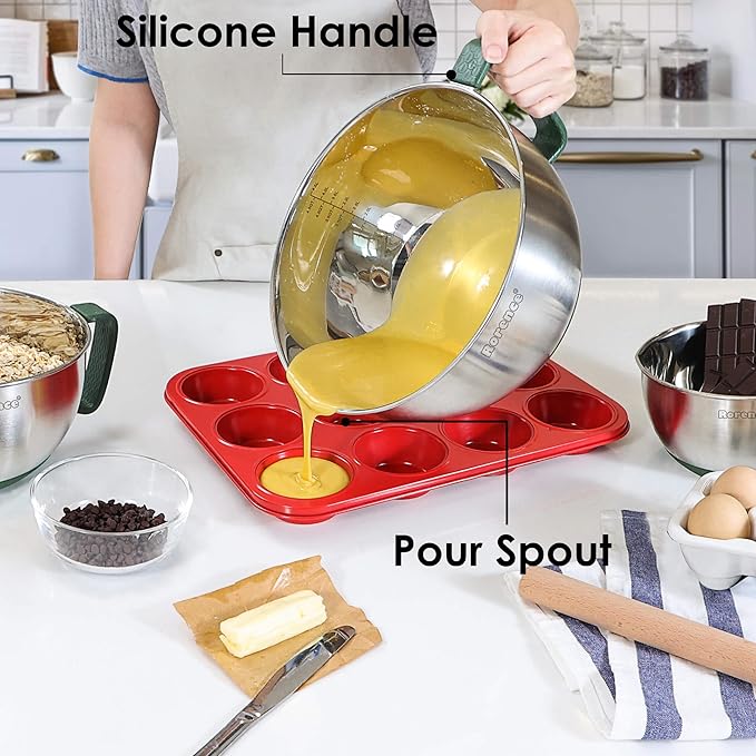 Rorence Mixing Bowls Set: Stainless Steel Non-Slip Bowls with Pour Spout, Handle and Lid - Set of 3 - Green - Image 6