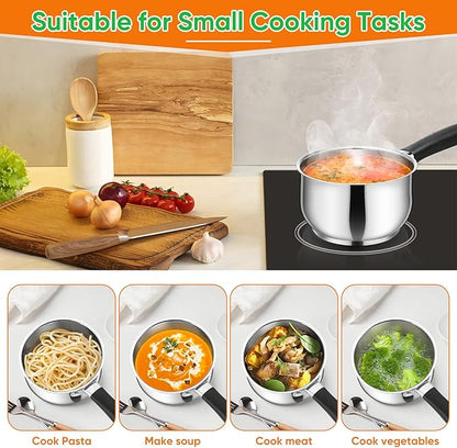 P&P CHEF 1 Quart Sauce Pan with Lid, Stainless Steel Saucepan, Small Milk Pot for Multipurpose Cooking, Visible Glass Lid & Stay-cool Silicone Handle & Tri-Ply Base, For All Stoves & Dishwasher Use