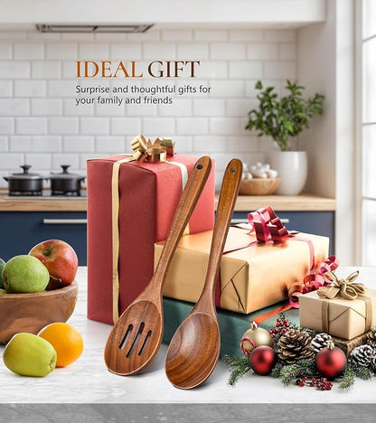 2Pcs Wooden Spoons for Cooking, Natural Premium Teak Wooden Spoon & Slotted Spoon, Good Grip Large Cooking Spoons Spatula, Heat Resistant Wooden Kitchen Cooking Utensils Set for Nonstick Cookware - Image 7