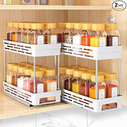 Pull Out Spice Rack Organizer for Cabinet, 2 Pack Slide Out Spice Racks Organizer, Spice Cabinet Organizers, Cabinet Size Need:12'' Highx11'' Deepx5'' Wide,Hold 10 Spice Jar Each Tier-2Tier, White by DABIGE
