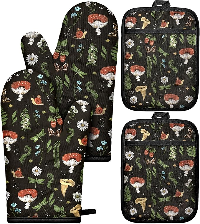 Miss Adola Cotton Oven Mitts and Pot Holders Sets - Quilted Lining Heat Resistant 4 Pieces Set with Hanging Loop Cute Farmhouse Boho Spring Kitchen Decor and Accessories, Black Mushroom by MissAdola