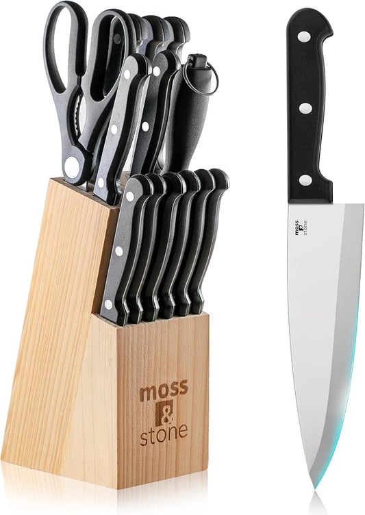 Moss & Stone 14 Pcs Knife Block Set Stainless Steel, Premium Forged Kitchen Knives Set with High-Carbon Blades, Ergonomic Handle, Sharp Blade, Rust Resistant, Modern Style for Home & Chef, Black by Mossstone