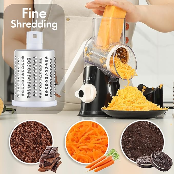 Cheese Grater Hand Crank, Rotary Vegetable Shredder with Handle and Strong Suction base, 3 in 1 Kitchen Speed Spin Veggie Slicer Nut Grinder for Pizza Top, Hash brown, Salad and More (Black) - Image 3