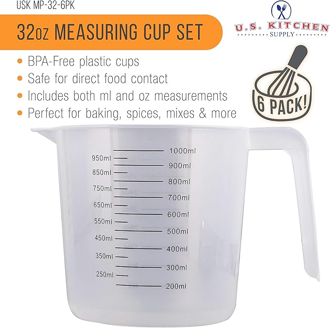 U.S. Kitchen Supply Plastic Measuring Cups with Handles - 32 oz (1000 ml) Liquid Measuring Cup Set of 6 - Clear Microwave Safe Kitchen Cups - Measure in mL or Ounces, Measurement Cup for Cooking - Image 2