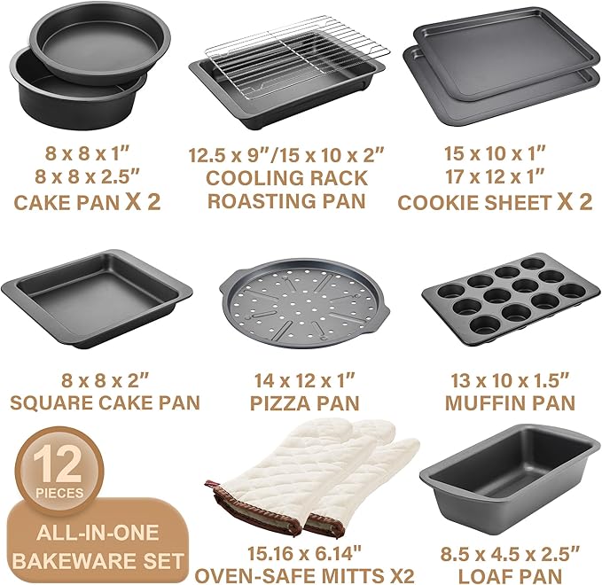 HONGBAKE Bakeware Sets, Baking Pans Set with Kitchen Oven Mitts, Nonstick Oven Pan for Kitchen with Wider Grips, 12-Piece Including Rack, Cookie Sheet, Cake Pans, Loaf Pan, Muffin Pizza Pan - Image 3