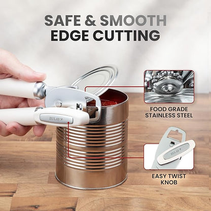 Zulay Kitchen Heavy Duty Stainless Steel Can Opener Manual with Bottle Opener - Rust Proof Manual Can Opener With Turn Knob & Comfy Soft Grip Handles - Cream - Image 4