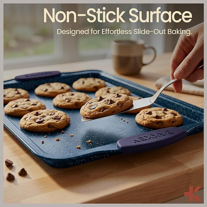 BAKKEN Kitchen Baking Pan Set - Nonstick Coating, Carbon Steel Bakeware Sets with Blue Silicone Handles, Baking Kitchen Essentials, PFOA, PFOS, PTFE Free, Oven Safe Tray (Up To 450° F), Set of 3 - Image 5
