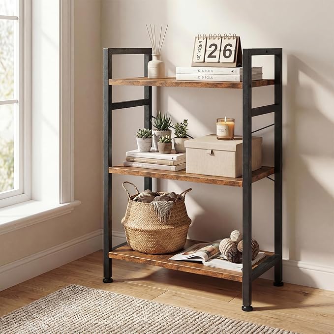 DUMOS 3 Tiers Bookshelf, Classical Book Shelf, Tall Display Shelves in Living Room/Home/Office, Storage Organizer for CDs/Books/Movies, Brown - Image 2