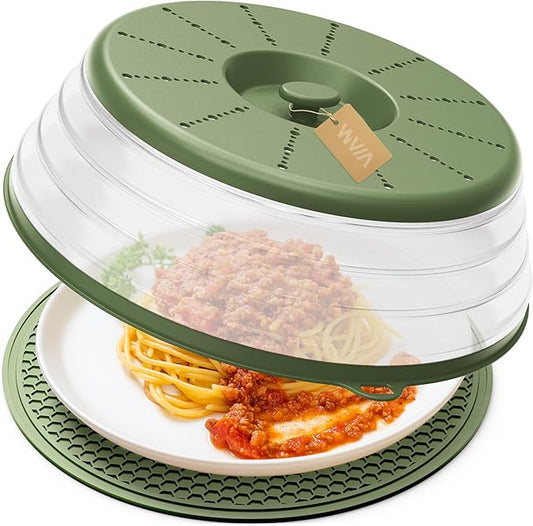 WVM Microwave Splatter Cover & Mat, Vented Collapsible Splatter Guard dish Plate lid & Silicone Round Kitchen Mat for Food, Meal Prep by WVM