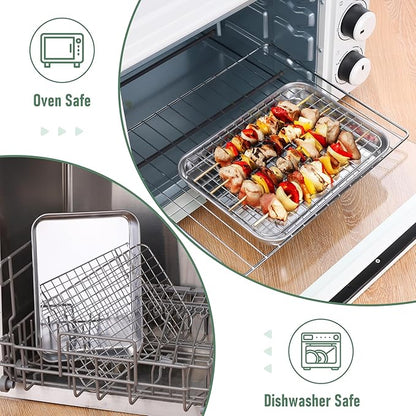 Homikit Toaster Oven Pan with Rack Set (1 Pan+1 Rack), 9 x 7 Inch Small Baking Sheet with Wire Rack, Stainless Steel Cookie Sheets for Baking, Cookie Bacon Tray with Cooling Rack, Dishwasher Safe