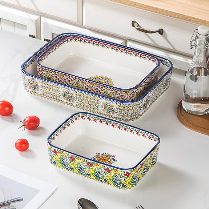 Casserole Dishes for Oven, Ceramic Baking Dishes Set of 3, Rectangular Lasagna Pans, Ceramic Bakeware Set for Baking, Roasting and Serving - Boho Style - Image 4