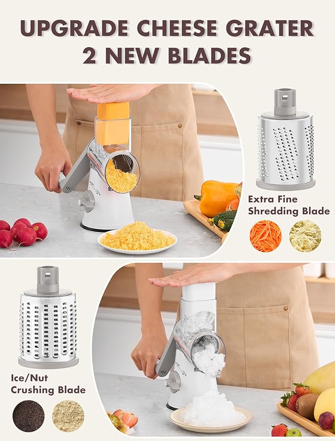 GDL Rotary Cheese Grater, Upgraded 5-in-1 Cheese Grater Hand Crank, Multi-purpose Cheese Shredder with Handle, Vegetable Slicer Cutter Ice Shaver for Potato, Carrot, Nuts, Chocolate - Image 2