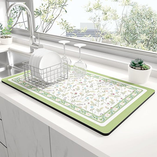 Rnivvi Dish Drying Mat for Kitchen Counter, XL 15 x 24" Cute Flower Theme Absorbent Draining Pad, Non-Slip Heat Resistant Coffee Bar Mat for Coffee Machine Station Accessories, Green Dish Rack Pad by Rnivvi
