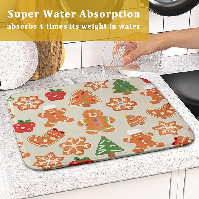 Christmas Dish Drying Mat for Kitchen Counter 16x18 Cute Gingerbread Themed Winter Xmas Holiday Absorbent Reversible Microfiber Drying Mats Kitchen Countertop Protector Dishes Drainer Rack Pad - Image 7
